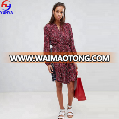 New arrival women tie waist floral print long sleeve shirt dress