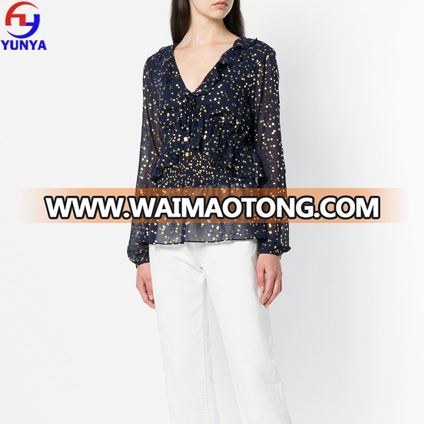 High quality fashion ladies blue printed loose blouse